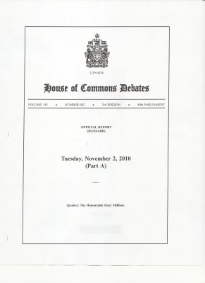 Hansard Cover Federal Government Canada November 2, 2010