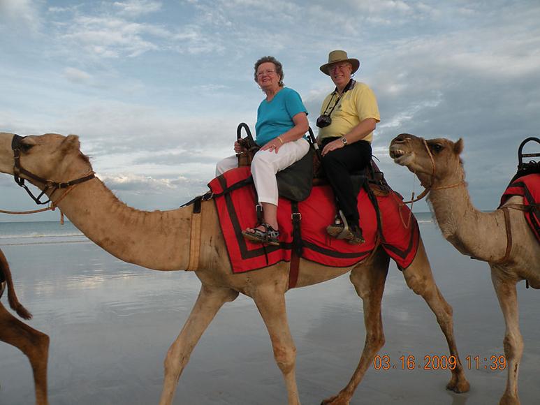 "Sunny Susan" Anderson and her husband, Howard, on camelback in Australia