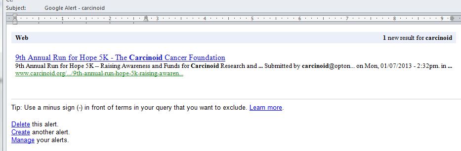 Google Alert email for carcinoid