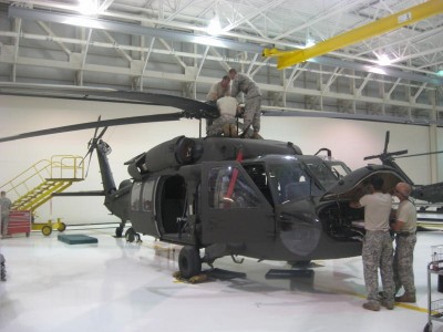 Soldiers at work on a UH-60 Blackhawk Helicopter
